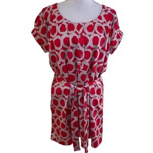 Antilia Femme Red/Tan Geometric Print Stretch Satin Short Sleeve Mini Dress L